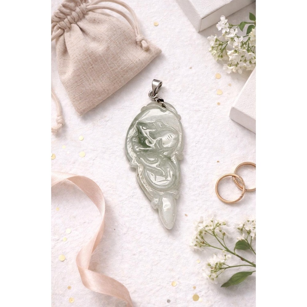 18K GP White Gold Carved Icy White Green Jadeite Jade Dragon Ruyi‎ Pendant 4.5cm
